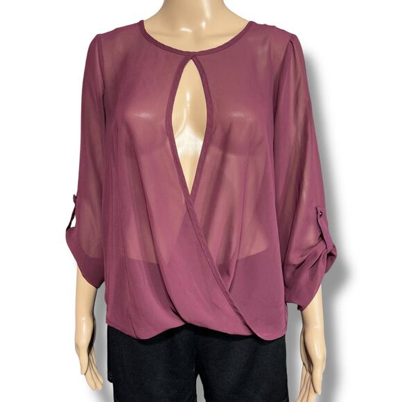 Maurices Womens Sheer Blouse Top Pullover Keyhole Wrap Front High Low Hem Red M - Picture 1 of 8